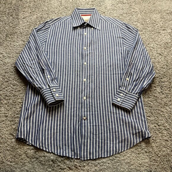 Brunello Cucinelli Mens Medium Stripe Blue White Cotton Button Down Shirt Italy - Picture 1 of 8